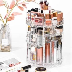 360° Rotating Crystal Makeup Organizer | Adjustable Cosmetic Display Stand Box, Makeup Storage For Vanity Bedroom & Bathroom